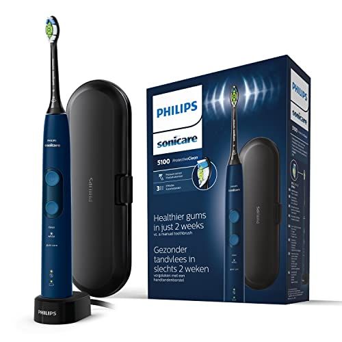 Philips Sonicare ProtectiveClean 5100 HX6851/53 – Spazzolino da denti elettrico con 3 programmi di pulizia, controllo della pressione, timer e custodia da viaggio, colore: Blu