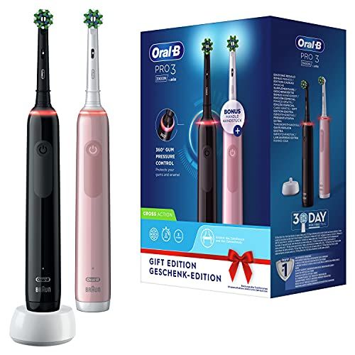 Oral-B Pro 3-3900N Spazzolino Elettrico 2 Spazzolini, 3 Modalità di spazzolamento, Azione Sbiancante, Sensore di Pressione 2 Testine, Batteria Litio Idea Regalo, Nero e Rosa