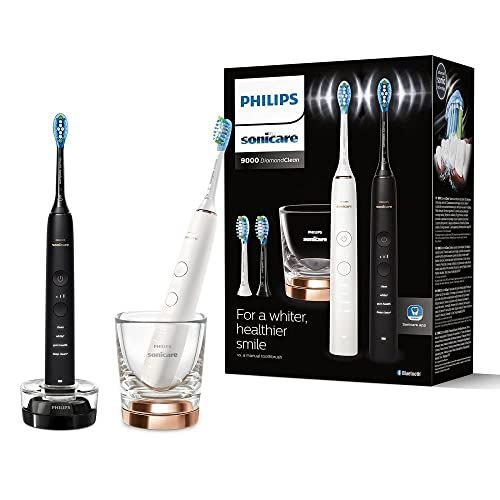 Philips Sonicare DiamondClean Series 9000 – Confezione doppia di Spazzolini Elettrici Sonici, Denti e Gengive più Puliti, con App Mobile, in Nero e Oro Rosa (modello HX9914/61)