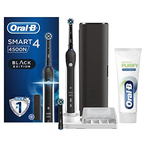 Oral-B Spazzolino Elettrico Ricaricabile Smart 4 4500 CrossAction, 1 Manico Nero Connesso, 5 Modalità Di Spazzolamento, 2 Testine, Custodia Da Viaggio Premium + Dentifricio Oral-B Gengive Purify